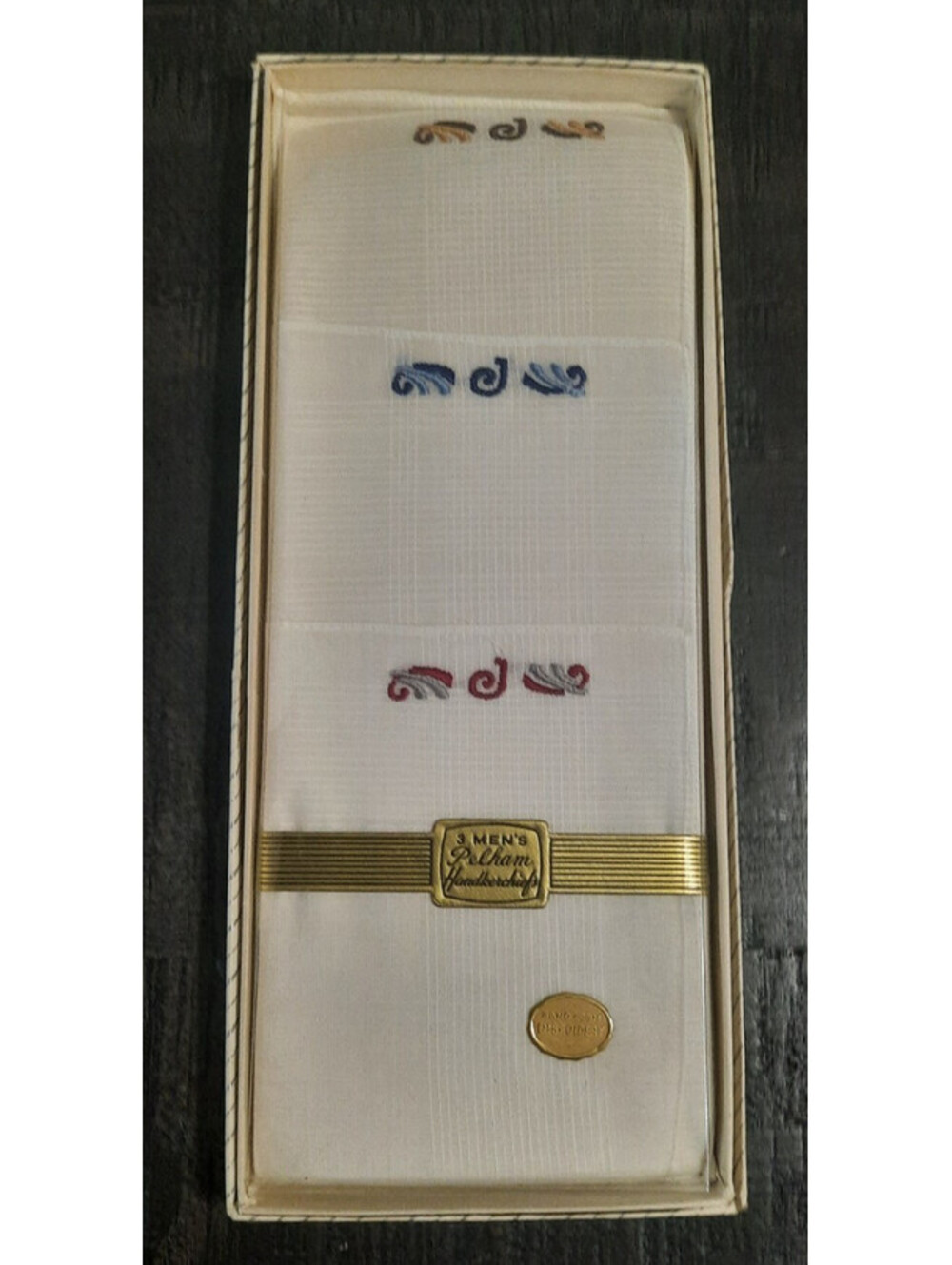 Vintage Pelham Mens Handkerchiefs Set of 3 Hand Loom Embroidery White Cotton NOS